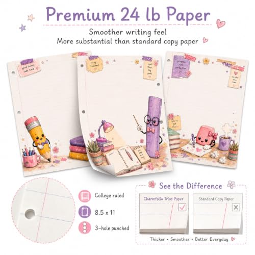 Charmfolio Trios Pencil Eraser Ruler Binder Paper, 90-Sheet Cute Writing Paper Set, 8.5 x 11 College Ruled, 3-Hole Punched Loose Leaf Paper, Premium 24 lb Stationery for Back to School, Besties, BFF