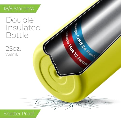 SipX™ 25 oz Insulated Water Bottle with 3 Lids – Leakproof Stainless Steel, Triple Insulated – Cold 24 Hours/Hot 12 Hours – Durable Bottle for School, Gym, Travel – Yellow - color: Yellow, size: 25 Ounces