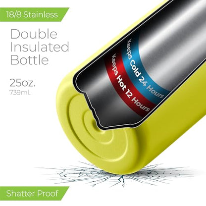 SipX™ 25 oz Insulated Water Bottle with 3 Lids – Leakproof Stainless Steel, Triple Insulated – Cold 24 Hours/Hot 12 Hours – Durable Bottle for School, Gym, Travel – Yellow - color: Yellow, size: 25 Ounces