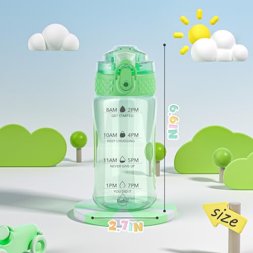 OLDLEY 12oz Kids Water Bottle, Tritan BPA-Free, Leakproof Flip Straw Lid, Motivational Time Marker, Carry Strap, Reusable Clear Water Bottle for Boys & Girls,Pear - color: Pear, style: 12 Ounces