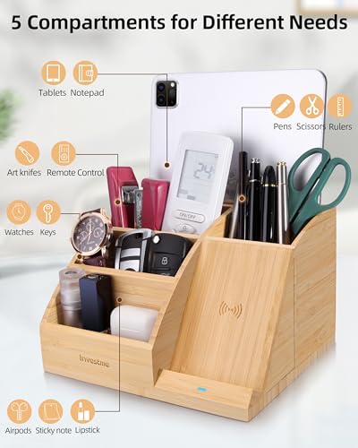 Bamboo Pen Holder with Wireless Charger, Desk Organizer with 5 Compartments for Home Office Supplies Compatible with iPhone & Samsung Series - color: Natural