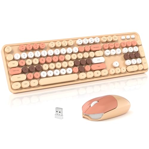 Wireless Keyboard and Mouse Combo, 2.4GHz Retro Full-Size Typewriter Keyboard with Number Pad and Wireless Mouse for PC/Laptop/Desktop/Windows (Milk Tea Colorful) - color: Milk Tea