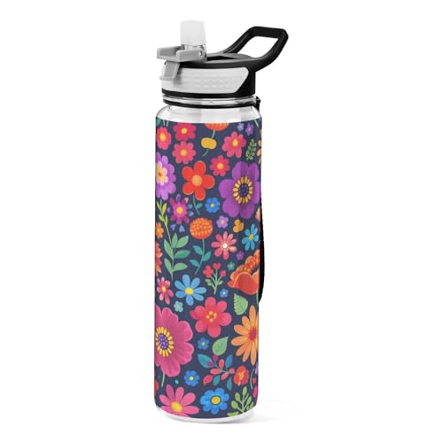 ALAZA Colorful Daisy Poppy Floral Water Bottle with Straw,Leakproof Tritan Clear Sports Water Bottle Wildflowers Kids Water Bottle for School Outdoor Sports Drinking,32 oz - color: Colorful Daisy Poppy Floral, size: Large