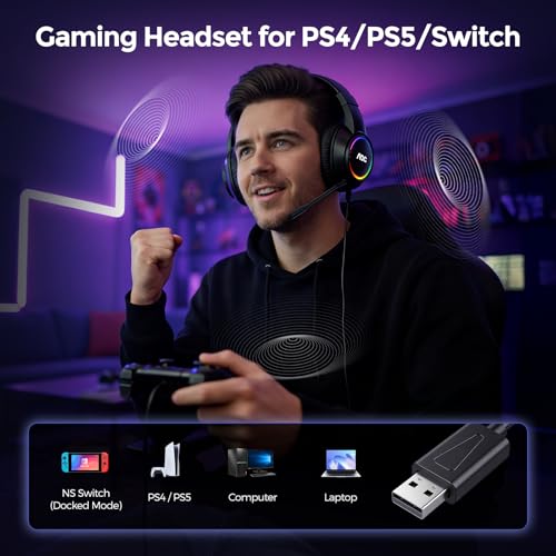 AOC Gaming Headset, Black Wired Gaming Headphones with 50mm Drivers, RGB USB Corded Headphone for PC/Laptops, Over Ear Headset with Mic for PS4/PS5/NS Switch(Docked Mode), ACG2510
