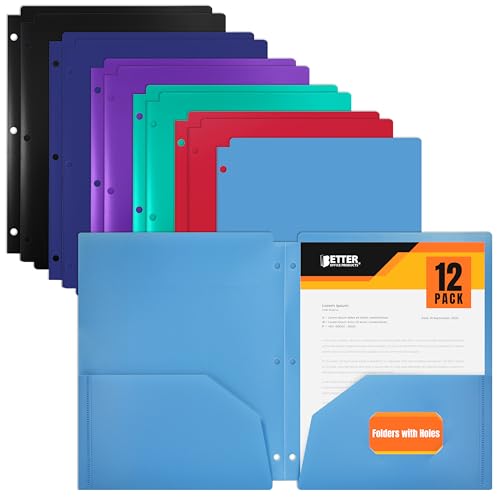 Better Office Products 3 Hole Punch Pocket Folders, Bulk Pack, Sturdy Plastic 2 Pocket Folders, Assorted Primary Colors, Letter Size, with Business Card Slot,(12 Pack)