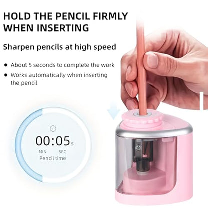 1PCS Pencil Sharpener Battery Operated, Quick Sharpening, Suitable for NO.2/Color Pencils(6-9 mm) Portable Electric Pencil Sharpener(Pink) - color: Pink