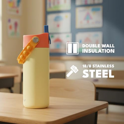 Elemental Insulated Kids Water Bottle, Stainless Steel Water Bottle with Straw Lid & Pop-It Handle, Leak-Proof Water Bottles for School, Boys or Girls, Travelling and Sports, 18oz - Peach Sand - color: Peach Sand