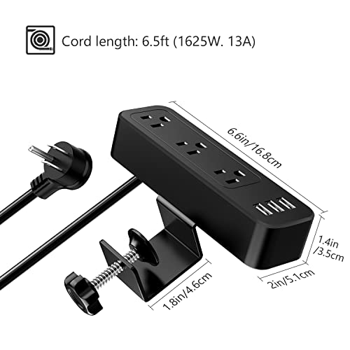 Desk Power Strip JSVER Desk Clamp Power Strip, Desk Mount USB Charging Power Station, Desk Multi-Outlets, 3 AC Outlets 6.5 ft Extension Cord Desktop Charging Clamp for Home Office Workshop