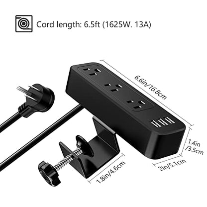 Desk Power Strip JSVER Desk Clamp Power Strip, Desk Mount USB Charging Power Station, Desk Multi-Outlets, 3 AC Outlets 6.5 ft Extension Cord Desktop Charging Clamp for Home Office Workshop