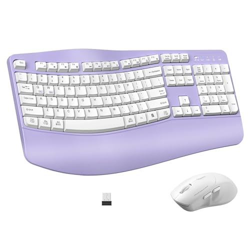 Ergonomic Wireless Keyboard and Mouse Combo, Wave Keys Keyboard with Wrist Rest for Natural Typing, 3 DPI Adjustable Ergonomic Silent Mouse for Computer/Laptop/Windows/Mac (Purple) - color: Purple