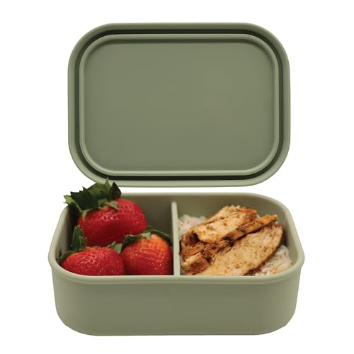 Silicone Bento Box, 2 Compartments, BPA-Free, Leak-Resistant, Dishwasher and Microwave Safe, Perfect for Work, Travel & Meal Prep, (Green) - style: 2 Compartments