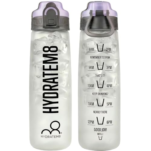HYDRATEM8 32 oz Sports Water Bottle with Time Marker - Leak Proof Lockable Cap & Tritan BPA Free, Soft Touch Motivational Drinking Bottle with Handle for Gym, Hiking, School, Office,Travel(Lilac) - color: Lilac