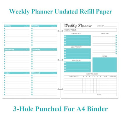 3-Hole Weekly Planner Refills - 53 Sheets/106 Pages Weekly Planner for 3 Ring Binders, 100 gsm White Paper, Lasts 1 Year, Undated, 8.5'' x 11'', Teal - size: 1-Pack, style: 3-Hole