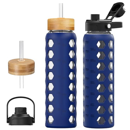 MUKOKO Glass Water Bottle, 32oz, Blue | Glass Tumbler with Straw, Drinking Bottles with 2 Lids-Handle Spout Lid & Bamboo Straw Lid, Silicone Sleeve, 1 Pack - color: Bule, size: 32 Ounces