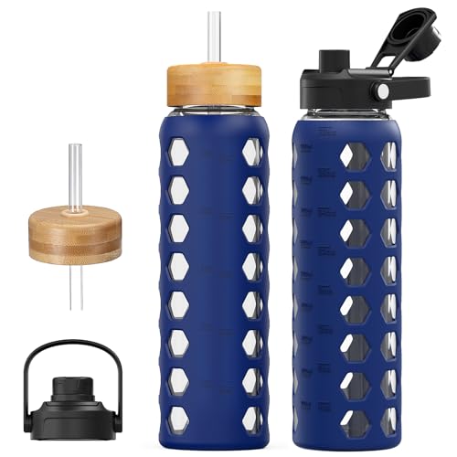 MUKOKO Glass Water Bottle, 32oz, Blue | Glass Tumbler with Straw, Drinking Bottles with 2 Lids-Handle Spout Lid & Bamboo Straw Lid, Silicone Sleeve, 1 Pack - color: Bule, size: 32 Ounces