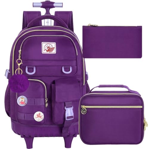 CCJPX 3PCS Rolling Backpack for Girls, Women Roller Bookbag with Lunch Box for Adults, Water Resistant Wheeled School Bag for Teens Kids Travel - Dark Purple - color: Dark Purple