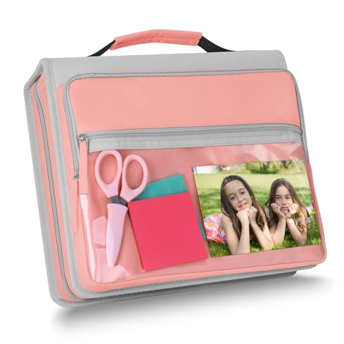 Ndsox Zipper Binder 3 Ring with Handle, 2 Inch O-Ring Document Organizer Middle School Binder with Zipper for Students, 5-Tab Expanding File Folder & 2 Mesh Pouches, DIY Clear Front Pocket, Pink - color: Pink
