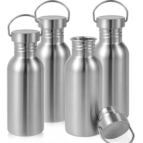 Volhoply 20oz Uninsulated Single Walled Water Bottle 4 Pack, Stainless Steel Reusable Water Bottles with Handle, BPA Free & Plastic Free 18/8 304 Metal Water Bottles for Camping, Hikers, Cyclists - size: 20 Ounces