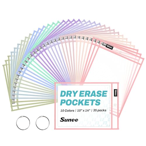 SUNEE 35 Packs Oversized Reusable Dry Erase Pocket Sleeves with 2 Rings, 10 Morandi Colors 10x14 Ticket Holders, Clear Plastic Sheet Protectors, Teacher School Classroom Supplies - color: Morandi, style: 35 Pack