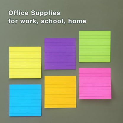 Lined Sticky Notes 3x3 in, 6 Bright Multi Colors,100 Sheet/Pad | Self-Stick & Removable, Office/School/Home Use - color: 3x3 6 Pads