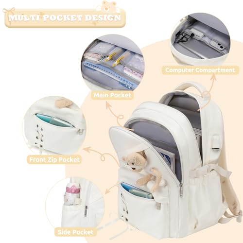 ACESAK Backpack for Girls with Bento Box - 4 PCS Cute Girls Backpack with Lunch Box, Pencil Case & Bento Box Set - 43oz Leakproof Lunch Box Kids Snack Containers Set Back to School Supplies (Beige) - color: Beige
