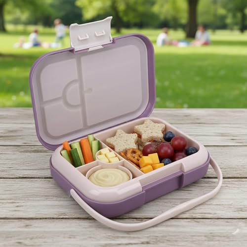Bento Midi Lunch Box with carrying handle – 4 No-Mix Compartments | Microwave & Dishwasher Safe,Removable Tray | 900ML OZ (Purple Dark Powder) - color: Purple Dark Powder