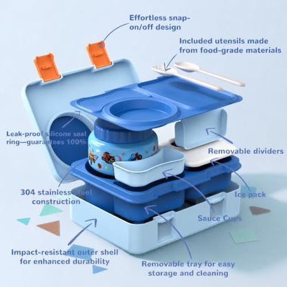 Kids Lunch Box with Thermo, Leakproof Bento Box for Kids with 8OZ Insulated Food Jar, Ice Pack, Sauce Cup, Utensils, Removable Tray & Dividers for School Daycare Travel (Trucks) - color: Trucks