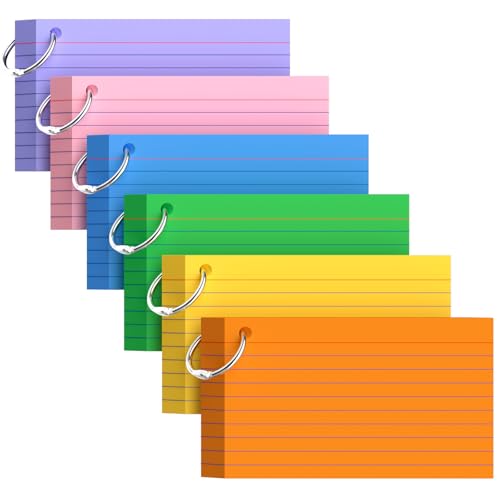 Colored Index Cards with Ring, 300 Count Punched NoteCards 3x5 Lined, 6 Colors Flash Cards with Rings, Bright Colors Index Cards 3x5, Lined Note Cards 3 x 5 for Office, College, and School Supplies - color: Colors, size: 3x5 INCH - 300 Count