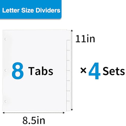 Binder Dividers for 3 Ring Binder, 1/8 Cut Tabs, Letter Size Blank Write On Page Dividers with 8 Tabs, 4 Sets 32 Dividers for School Office Home, White