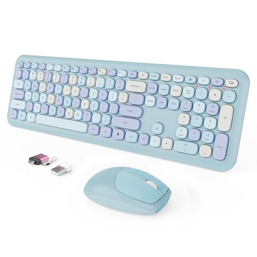 Wireless Keyboard and Mouse Combo, Colorful Ergonomic Full Size Retro Low-Noise Keyboard with Cute keycaps, Compatible with Windows, PC, Perfer for Home and Office Keyboards (Blue) - color: Serene Blue