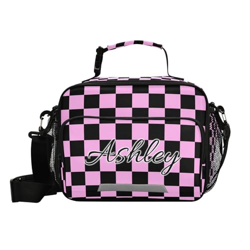 Custom Student Lunch Bag for Boys Girls Pink Black Checkered Personalized Lunch Box With Name Insulated Cooler Bag for School Picnic Travel - color: Multi09