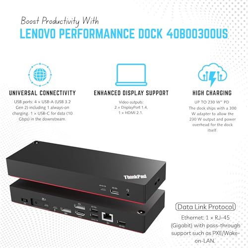 40B00300US Thinkpad Docking Station USB C - Supports 4K Display, Lenovo Thunderbolt 4 Dock with 300W, HDMI, DP & Thunderbolt Cables