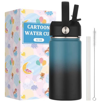 Kids Water Bottle with Straw Lid-12 oz Insulated Stainless Steel Thermal Cup, Leakproof Wide Mouth Sports Bottle Keeps Cold 12H & Hot 6H for Gym Office Outdoor - color: Blue-Black