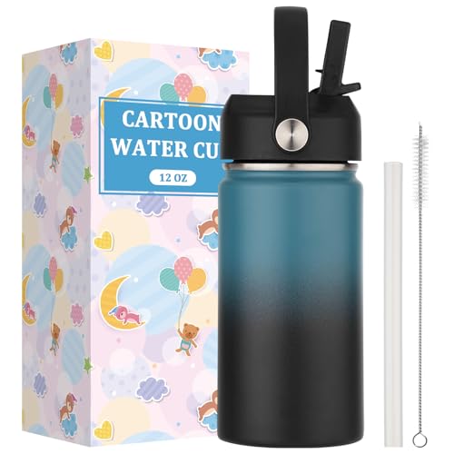 Kids Water Bottle with Straw Lid-12 oz Insulated Stainless Steel Thermal Cup, Leakproof Wide Mouth Sports Bottle Keeps Cold 12H & Hot 6H for Gym Office Outdoor - color: Blue-Black
