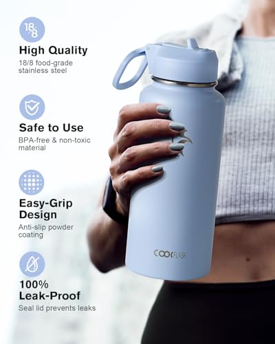 Coolflask 32 oz Water Bottle Insulated with Straw & 3 Leakproof Lids | Water Flask Stainless Steel Triple-Wall Vacuum,Cold 52+h, Dishwasher Safe,Wide Mouth,BPA-Free,Carrier Bag,for Gym,Hiking - color: Light Blue, size: 32 Ounces