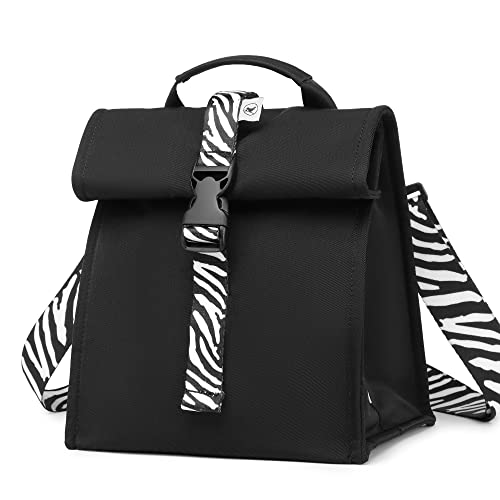 SUNNY BIRD Insulated Lunch Bag Rolltop Lunch Box (Black with white strap) - color: Black with white strap