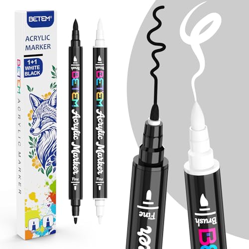 Betem Dual Tip Acrylic Paint Pens, Black & White Paint Markers for Glass, Window, Fabric, Wood, Rock, Canvas, Acrylic Markers with Fine & Brush Tip, Art & Craft Supplies, Teacher Appreciation Gift - color: Black&White