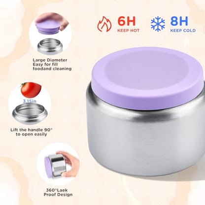 JXXM Bento Lunch Box for Kids With 8oz Thermo, Leakproof Bento Box with with 2 Compartments, Insulated Bottle, Lunch Bag, BPA Free Dishwasher Safe for School Girls Boys (Purple) - color: Purple 01