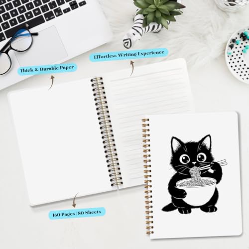 NISTOMISU Ramen Cat Spiral Notebook 5.8x8.3 Inch, Cat Notebooks, Cats Lover Mom Lady Gifts Journals for Writing, Cats Office Supplies, Japanese Noddle Cute Black Kitten Notebooks for Note Taking - color: Cat Eating Ramen