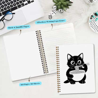 NISTOMISU Ramen Cat Spiral Notebook 5.8x8.3 Inch, Cat Notebooks, Cats Lover Mom Lady Gifts Journals for Writing, Cats Office Supplies, Japanese Noddle Cute Black Kitten Notebooks for Note Taking - color: Cat Eating Ramen