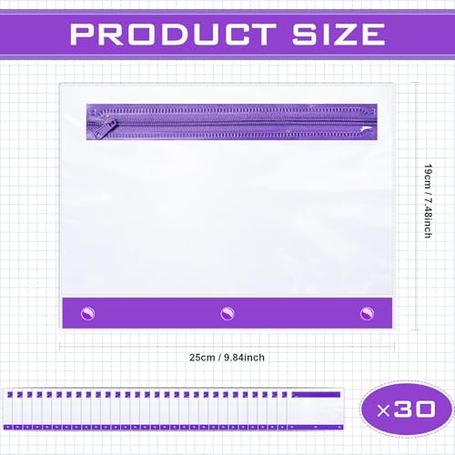 Feifeiya 30 Pcs Pencil Pouches with Zipper Clear Binder Pencil Pouches for 3 Ring Binder Bags Bulk for Office Supplies (Purple) - color: Purple