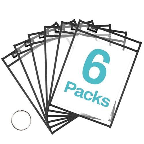 SUNEE 6 Packs Oversized Reusable Dry Erase Pocket Sleeves with Ring, Black 10x14 Ticket Holders, Clear Plastic Sheet Protectors, Teacher School Classroom Supplies - color: Black, style: 6 Pack