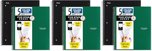 Five Star Spiral Notebooks + Study App, 5 Subject, College Ruled Paper, 8-1/2" x 11", 200 Sheets, Fights Ink Bleed, Water Resistant Cover, Black, Green (820190), 2 Count (Pack of 3) - color: Black, Green, size: 2 Count (Pack of 3)