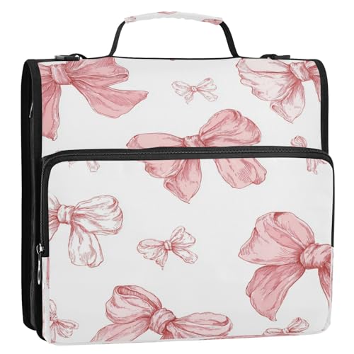 Caikeny 3 Ring Zipper Binder Pink Bows Love Vintage 1.5 inch Binders Bag Expanding File Pockets with Shoulder Strap and Handle - color: Multicolored 1z83.9