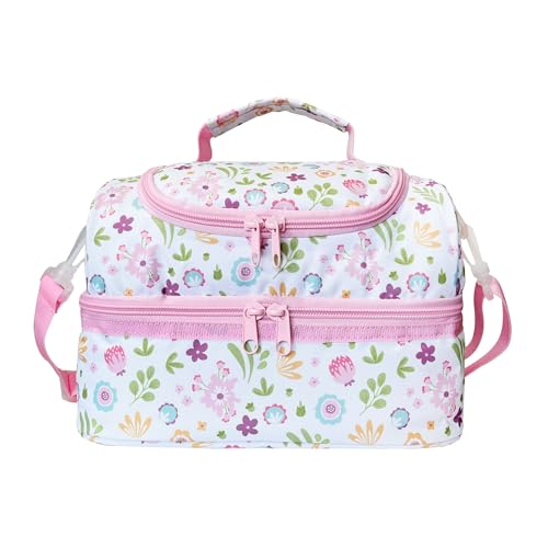 Insulated Kids Double Decker Lunch Bag Tote Pack for Girls Boys Toddler Kindergarten School Picnic Food Cooler Hot Water Ice with Strap Floral - color: Cute Flowers
