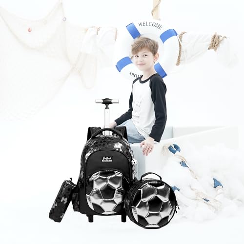 Kids Rolling Backpack for Boys Roller Backpack with Wheels Elementary Kindergarten School Students Football Trolley School Bag for Boys - color: Silver