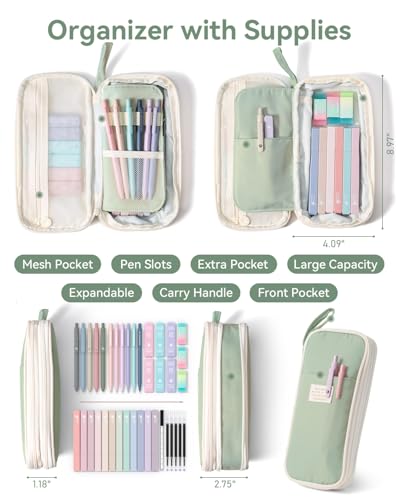 Four Candies School Supplies with Cute Pen Case, 39ct Green | Back to School Stationery Set, Essentials for College & Nursing Students, 5 Gel Pens, 6 Mechanical Pencils, 12 Highlighters - color: Green, size: 39 Count (Pack of 1)