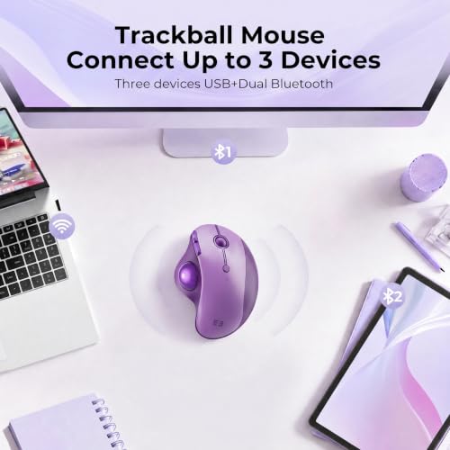 seenda Wireless Trackball Mouse, Ergonomic Bluetooth Rollerball Mouse Rechargeable, 3 Device Connection Optical Mice Adjustable DPI Thumb Control Mice Compatible for PC/Laptop/Windows/Mac - Purple - color: Purple