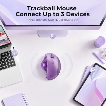 seenda Wireless Trackball Mouse, Ergonomic Bluetooth Rollerball Mouse Rechargeable, 3 Device Connection Optical Mice Adjustable DPI Thumb Control Mice Compatible for PC/Laptop/Windows/Mac - Purple - color: Purple