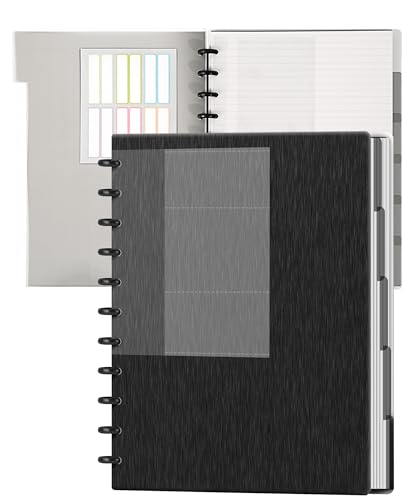 Discbound Notebook Refillable 5 Subject Notebook 8.6" x 12" Customizable Spiral Journal with Removable Pages 120 Disc Planner with Dividers & 12 Tabs for Work Meeting School, Black - color: 1 Black, size: Large